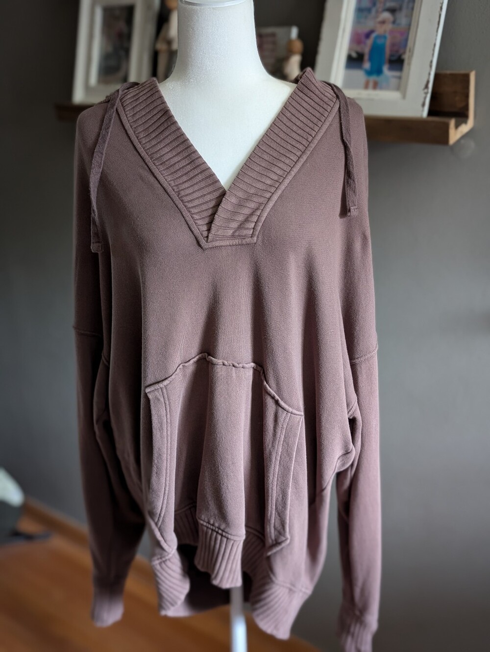Aerie Large Mocha Brown Oversized Slouchy V-Neck Hooded Sweatshirt Lounge